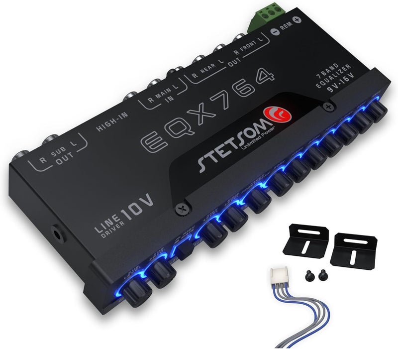Stetsom EQX764-7 Band Equalizer, Pre-Amp Car Audio Graphic Equalizer with 4 Inputs (RCA & High) 6 Outputs, 10v Line Driver to Avoid Noise and Dedicated Sub Controls (Level & Frequency) - Image 1